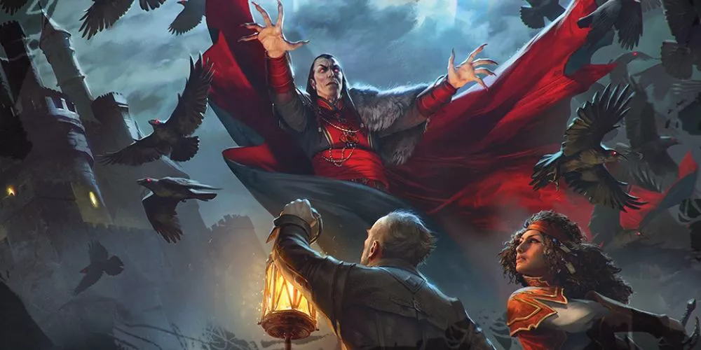 Strahd menacing adventurers on the cover of Van Richten's Guide to Ravenloft DnD setting book.