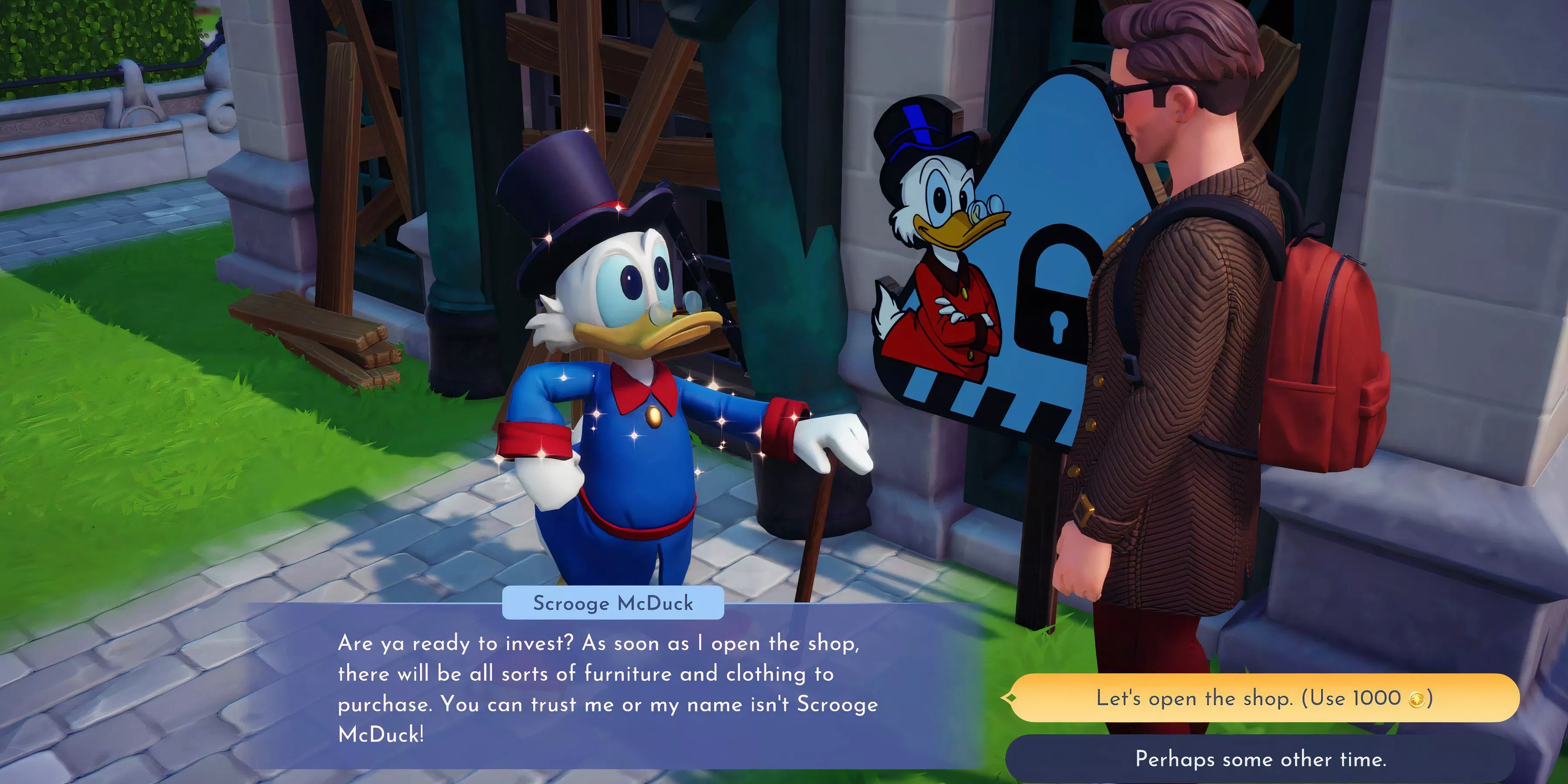 A villager having a conversation with Scrooge McDuck