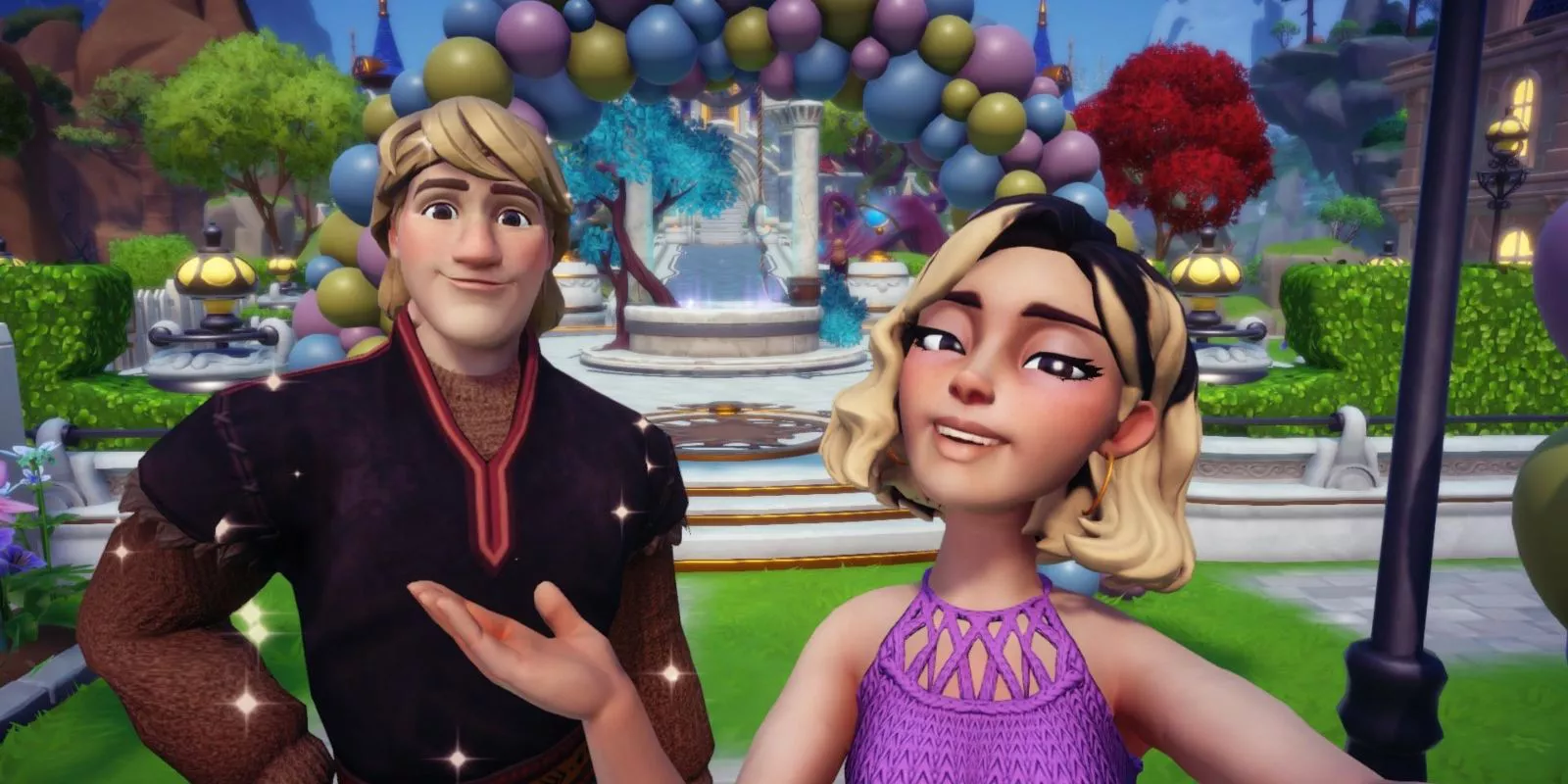 A Disney Dreamlight Valley character with Kristoff in front of a colorful balloon arch and the castle