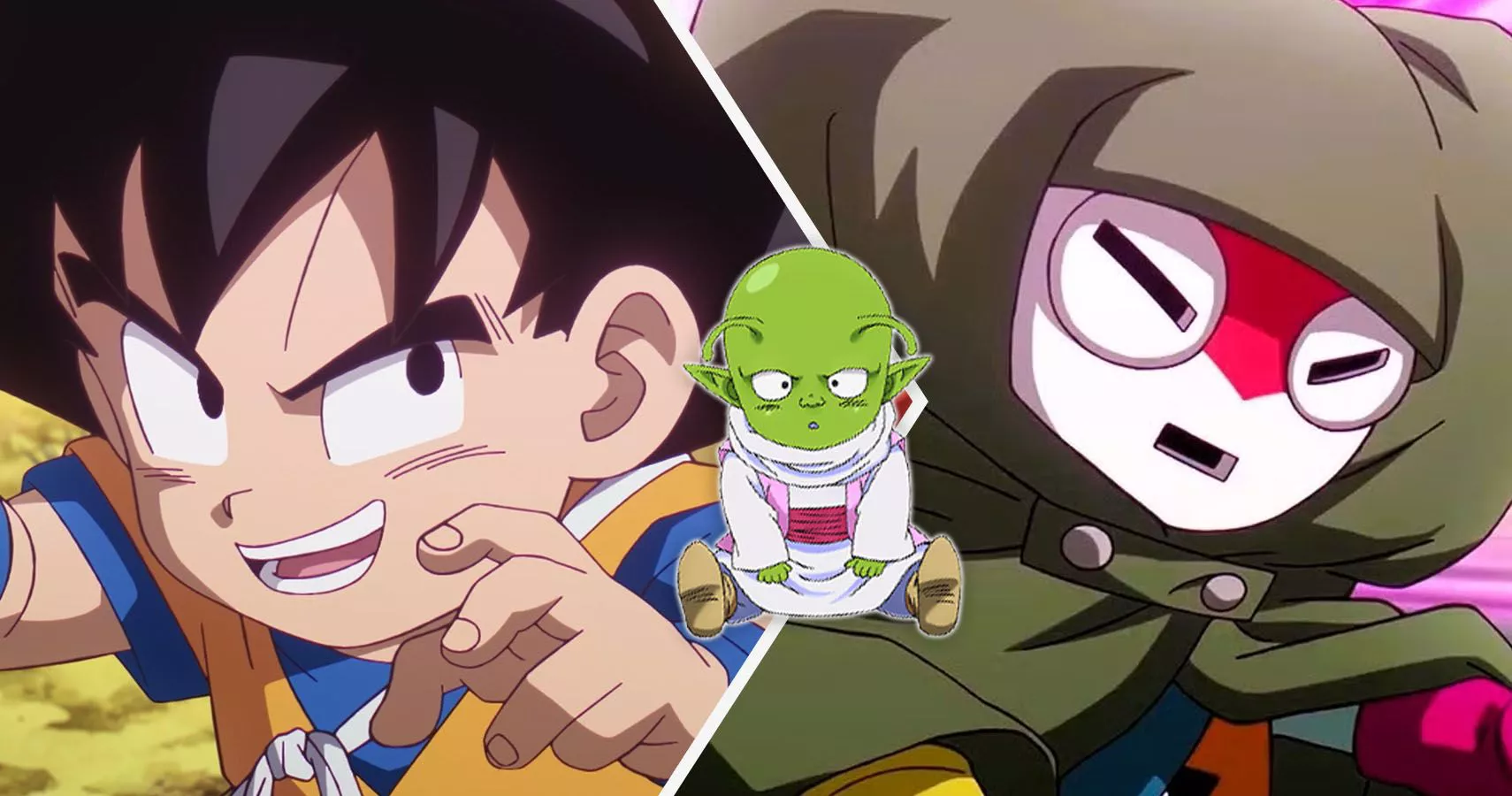 Goku, baby Dende, and masked majin