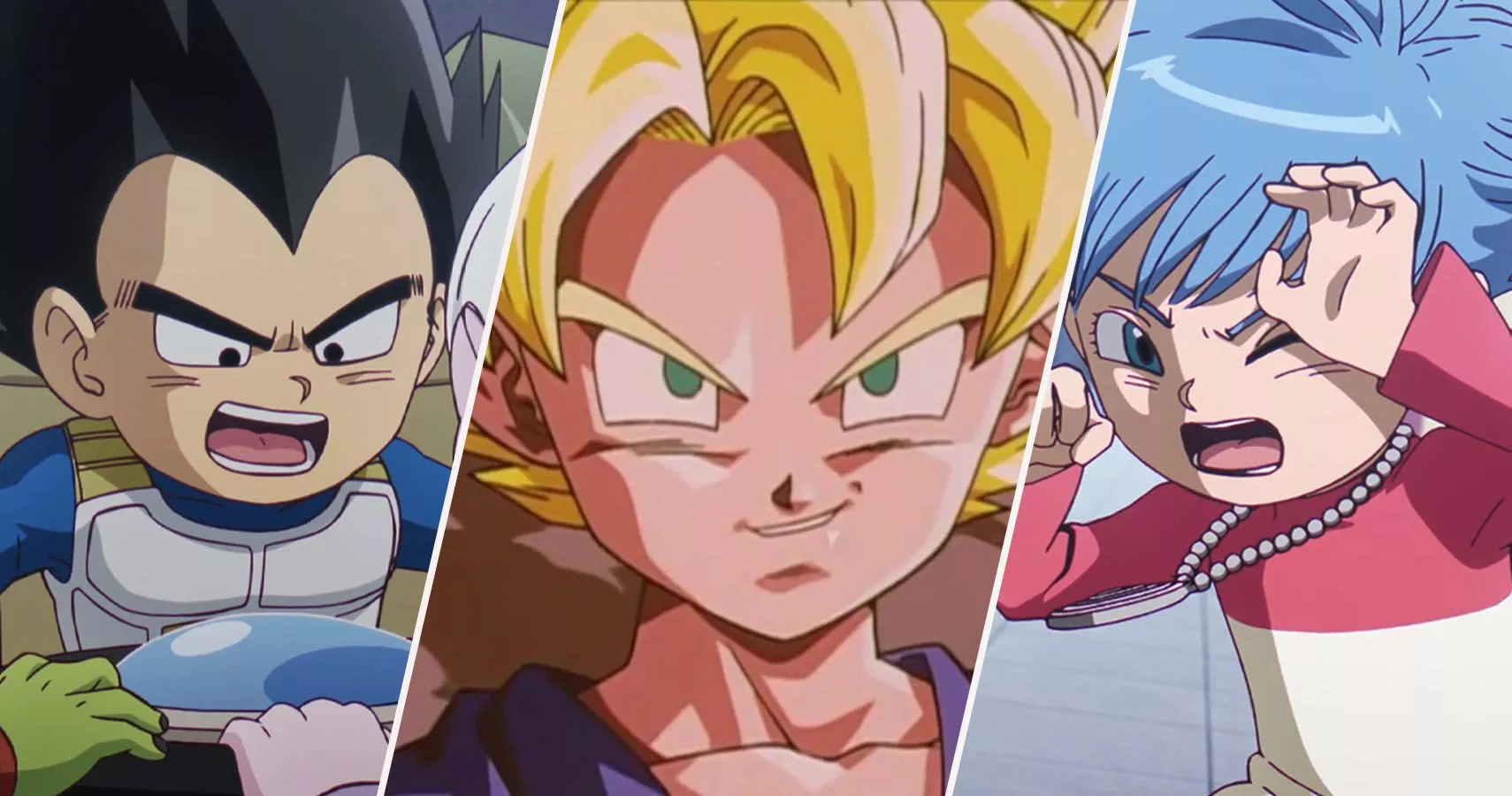 Mini Vegeta, SSJ Goku from GT, and Mini Bulma from Dragon Ball DAIMA