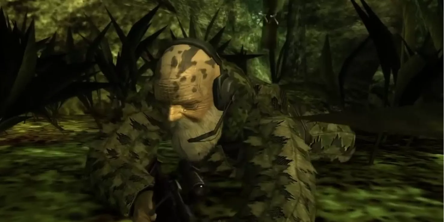 The End prepares to battle Naked Snake in Metal Gear Solid 3: Snake Eater.