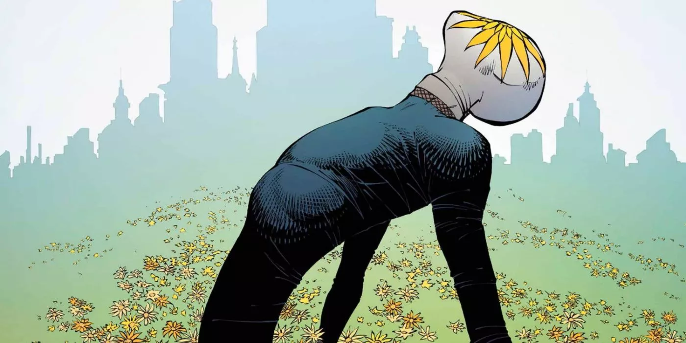 Mr. Bloom is leaning back while standing in a vast meadow in DC Comics cover art.