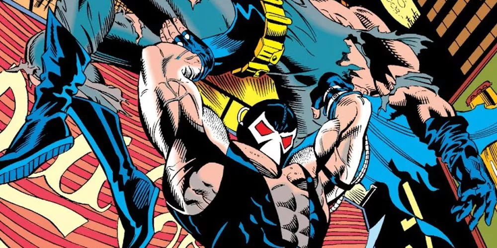 Bane hoists Batman over his head in Batman: Knightfall in DC Comics.