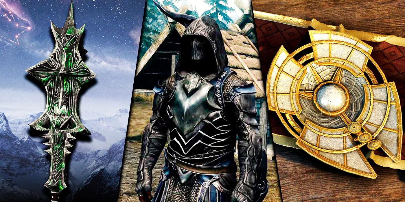 Spellbreaker shield, Ebony Mail armor, and Mace of Molag Bal from Skyrim