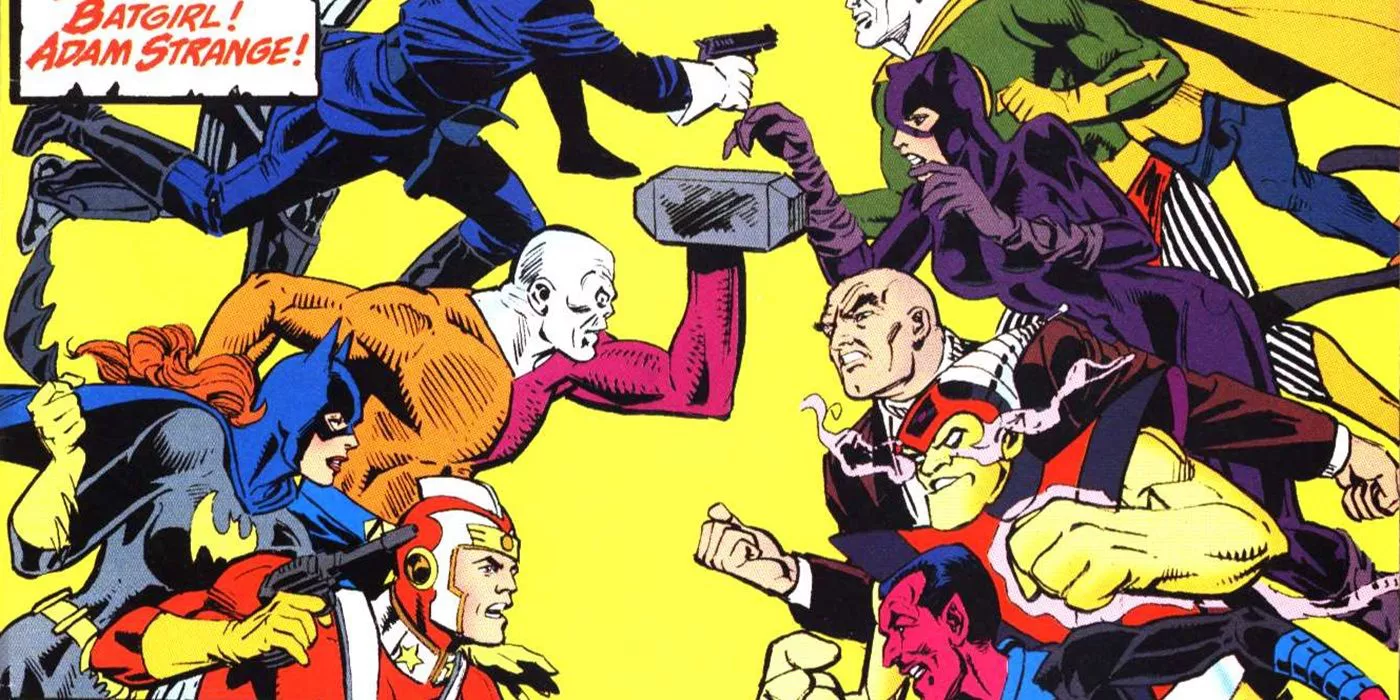 Metamorpho, Batgirl, Adam Strange facing the Injustice League.