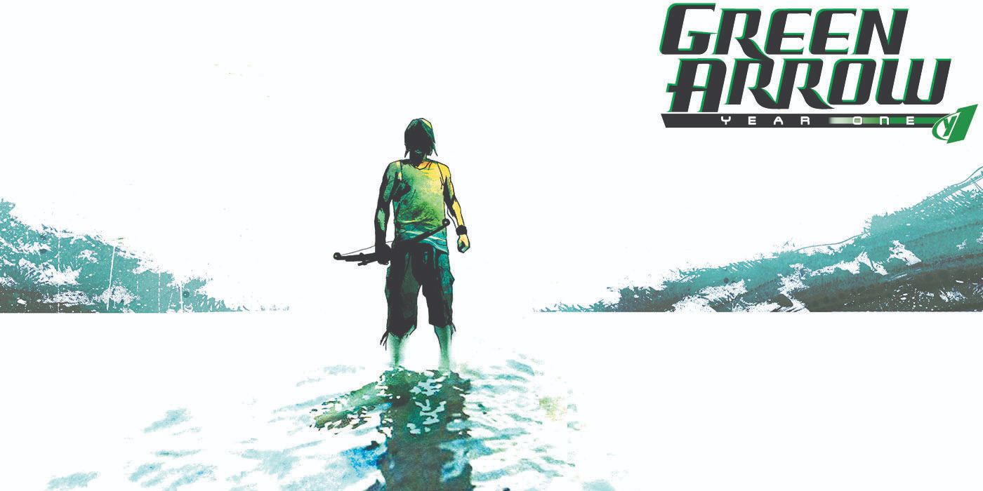 Green Arrow in the middle of water on an island from Year One