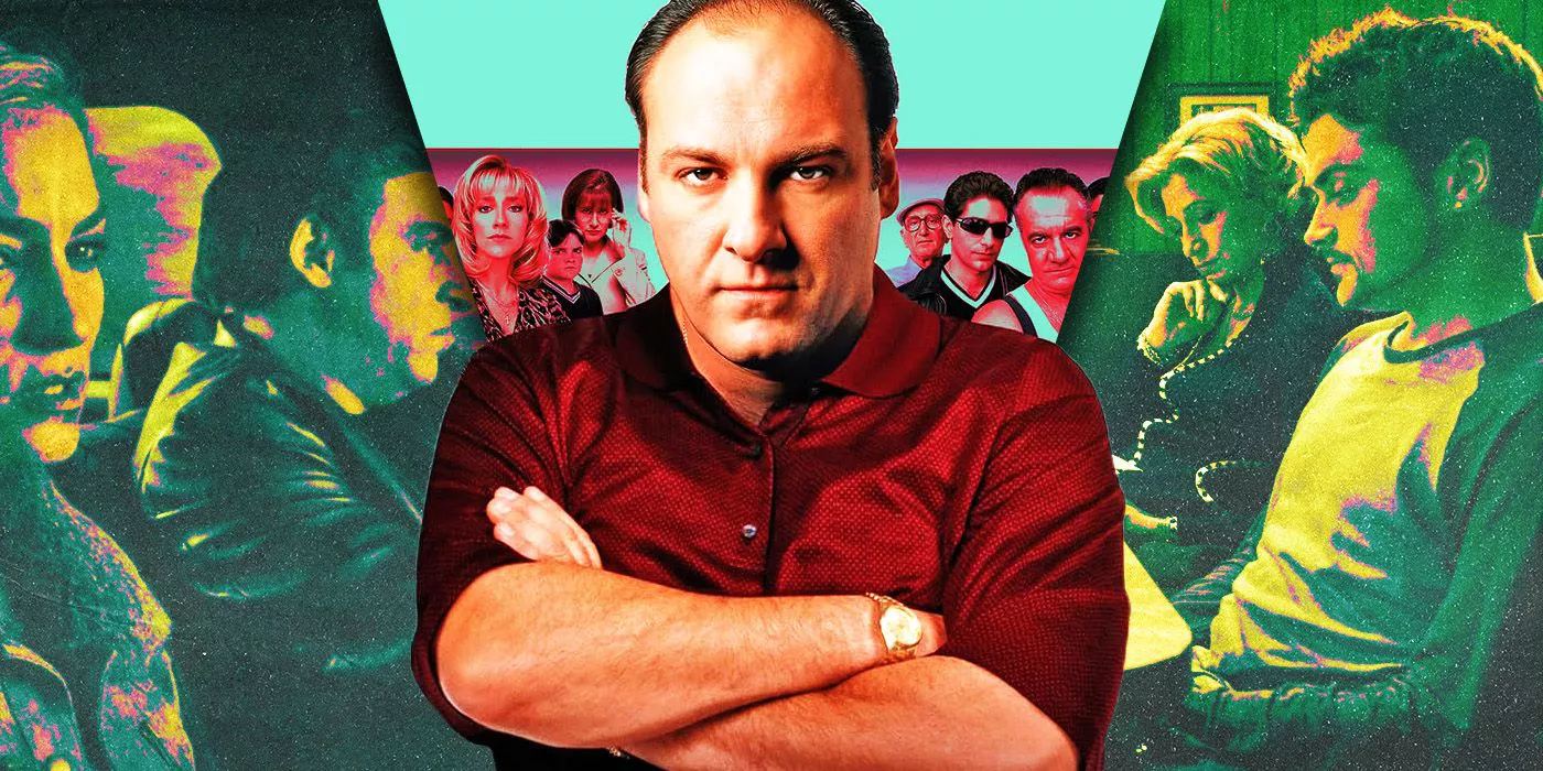 James Gandolfini as Tony Soprano among images of The Sopranos