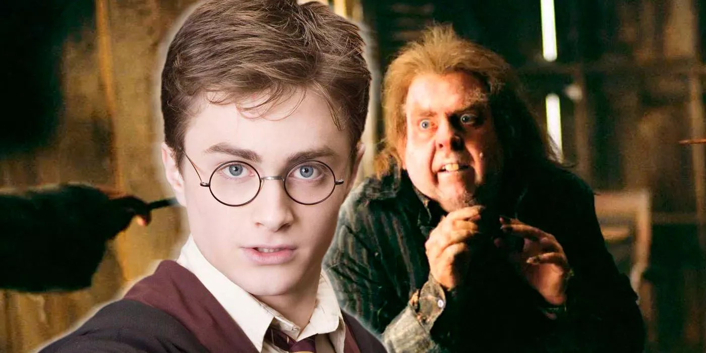 Harry Potter in front of a scared Peter Pettigrew.