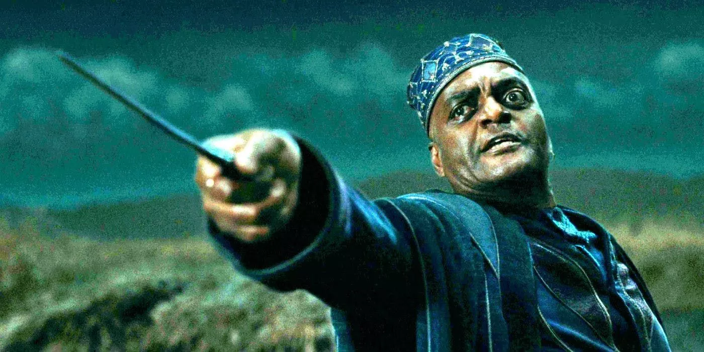 Kingsley Shacklebolt is in a tense confrontation in Harry Potter.