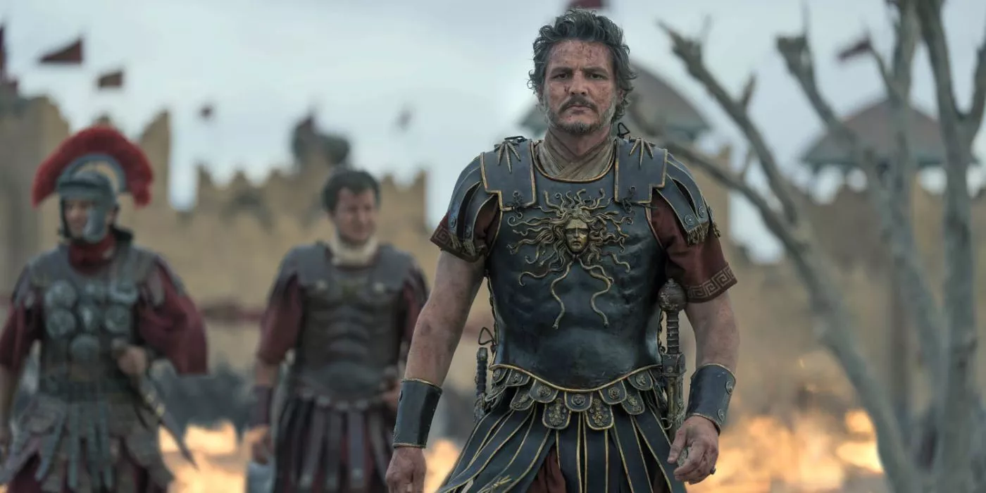 Marcus Acacius (Pedro Pascal) in front of the burning bodies of his enemies in Gladiator II