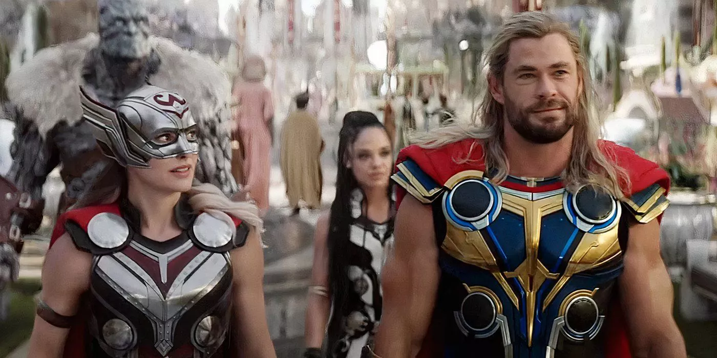 Thor and Jane Foster as Thor arrive to a council of Gods with their allies to try and find help fighting Gorr in Thor: Love and Thunder.