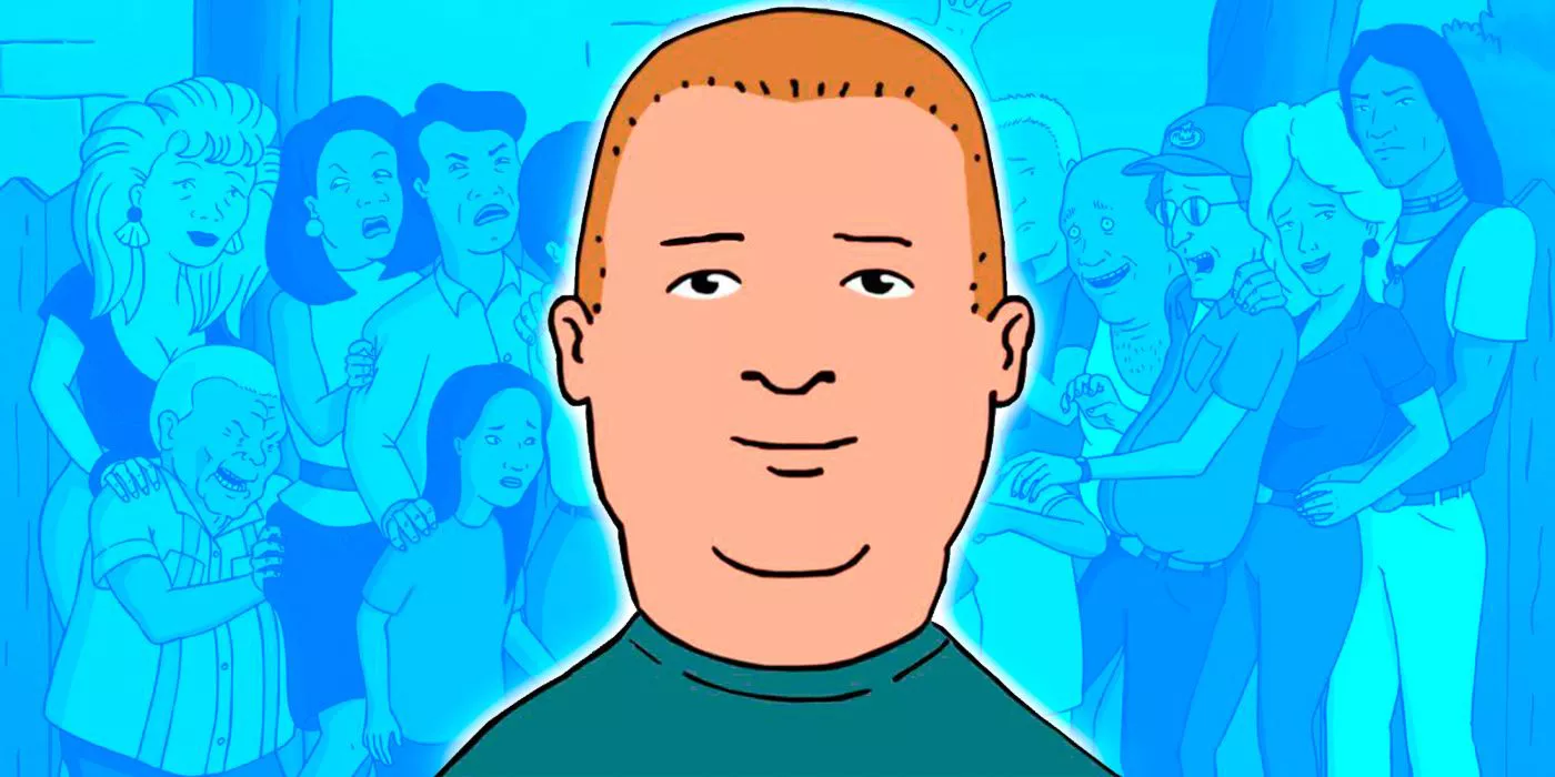 Closeup of Bobby from King of the Hill on a blue background.