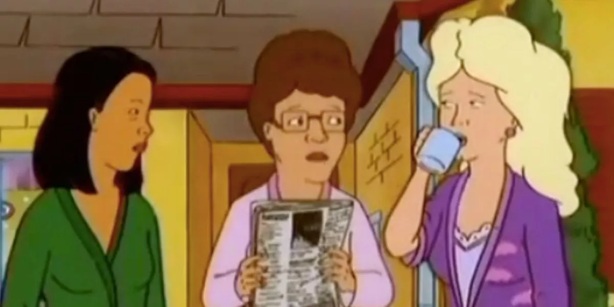 Peggy Hill holding a newspaper while talking to Nancy and Minh