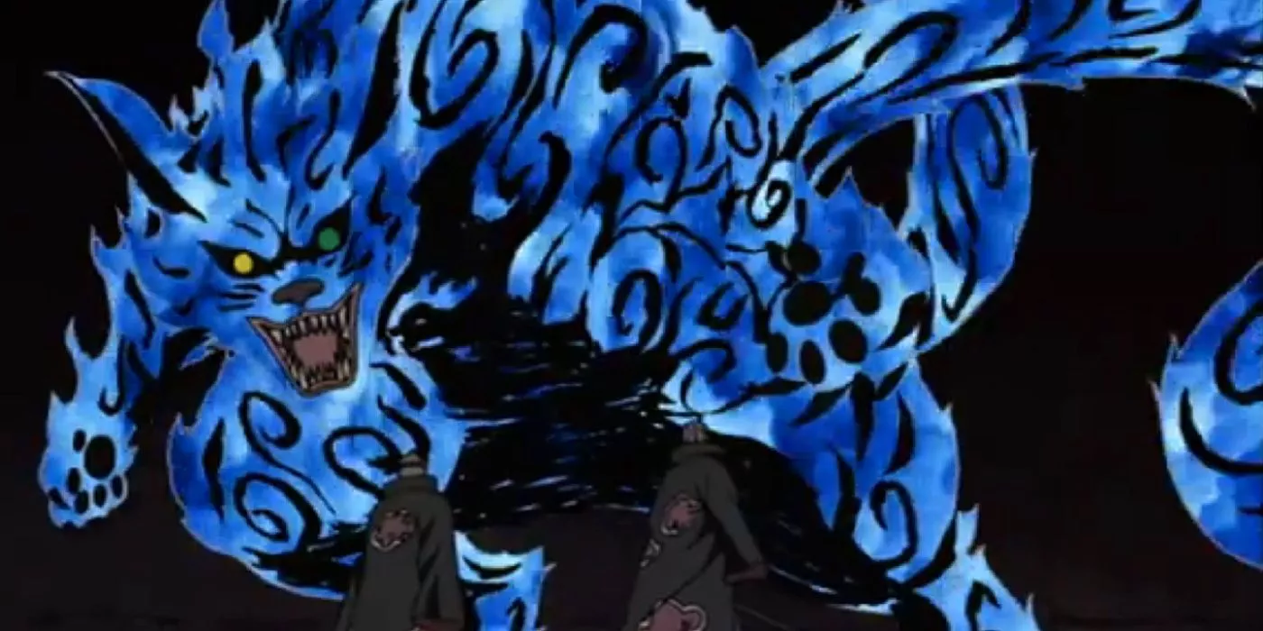 Matatabi, la Bestia de Dos Colas se prepara para atacar a Hidan y Kakuzu en Naruto Shippuden.