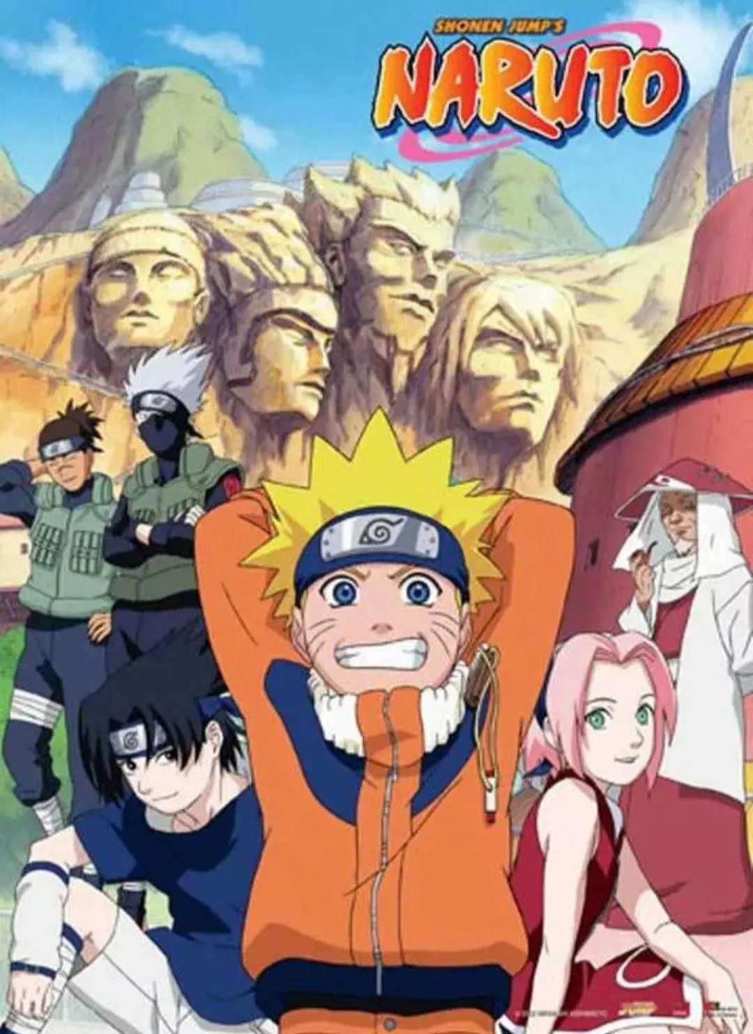 El póster del anime de Naruto presenta prominentemente a Naruto Uzumaki, Sakura Haruno y Sasuke Uchiha, con el Tercer Hokage, Hatake Kakashi e Iruka Umino en el fondo.