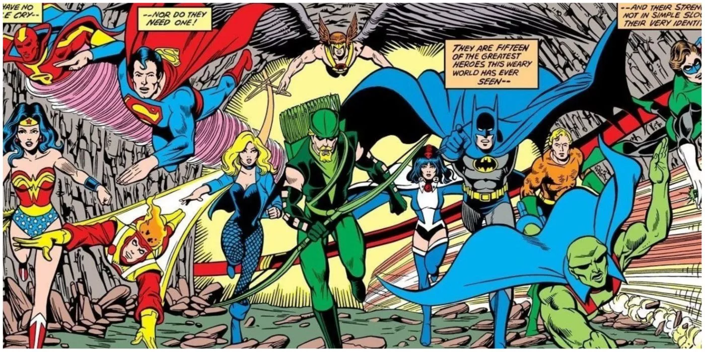 The satellite era justice league roster running down a cave together in DC comics.