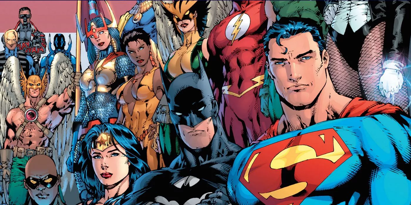 Superman, Batman, Wonder Woman and the Justice League of America standing together.