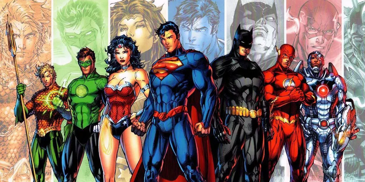 The New 52 Justice League Consisting Of Aquaman, Green Lantern, Wonder Woman, Superman, Batman, The Flash, And Cyborg