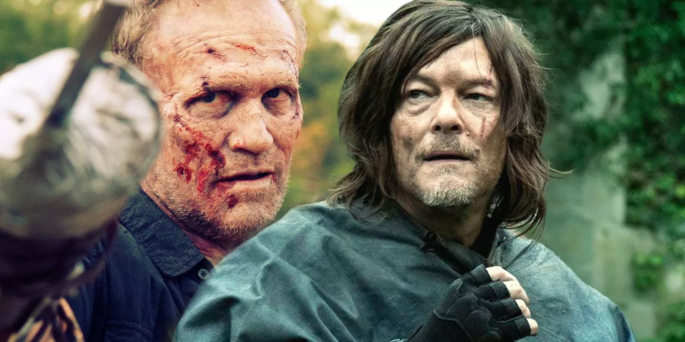 Split: Un Merle Dixon reanimado (Michael Rooker) apunta su mano falsa hacia adelante; Daryl Dixon (Norman Reedus) mira hacia adelante en The Walking Dead