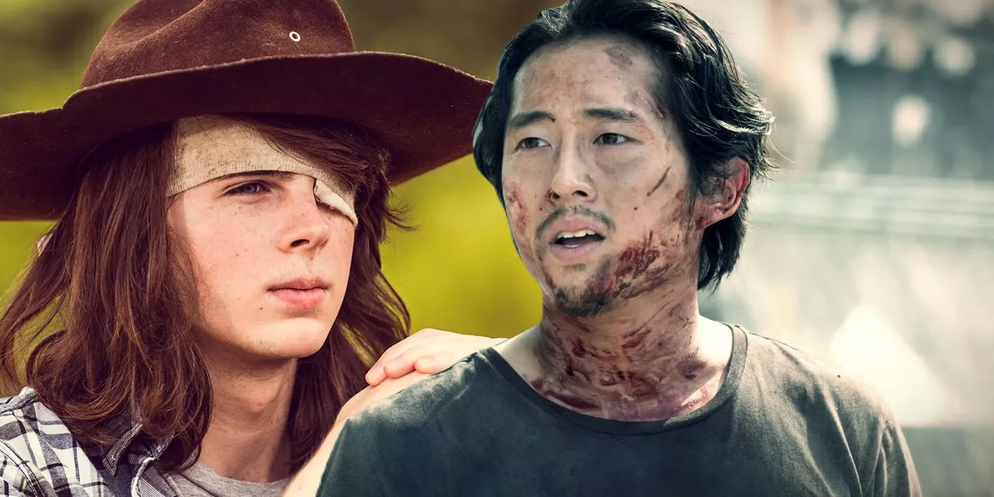 Split: Chandler Riggs interpreta a Carl Grimes; Steven Yeun interpreta a Glenn Rhee en The Walking Dead