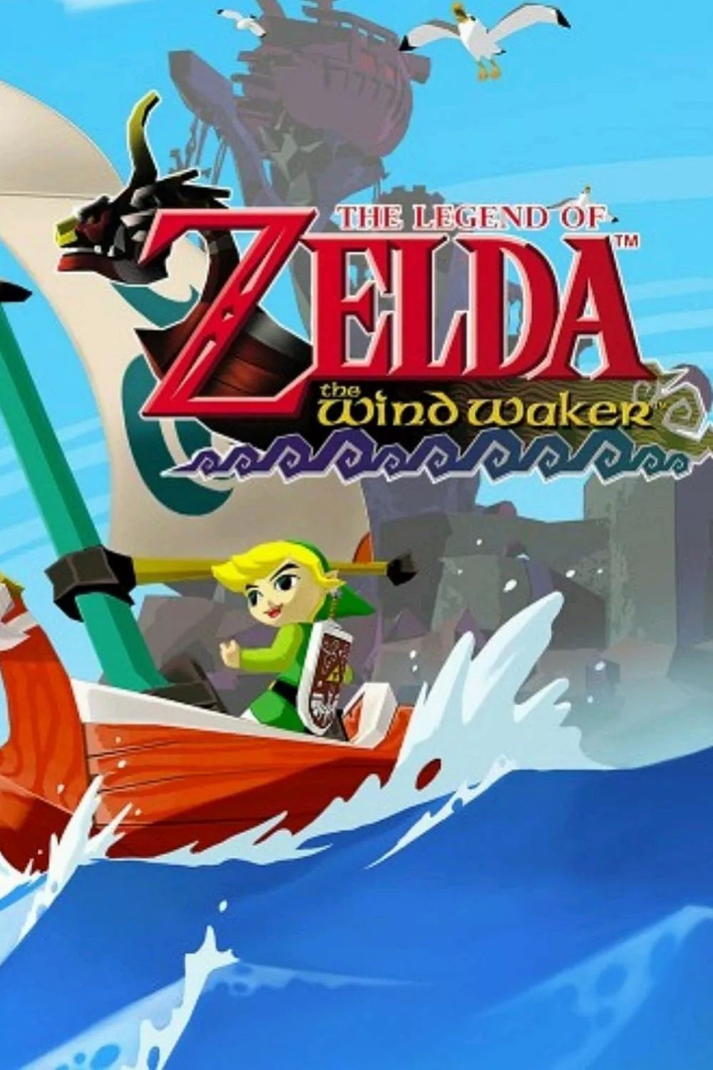 The box art for The Legend of Zelda: The Wind Waker depicts Link sailing on a boat away from an island.