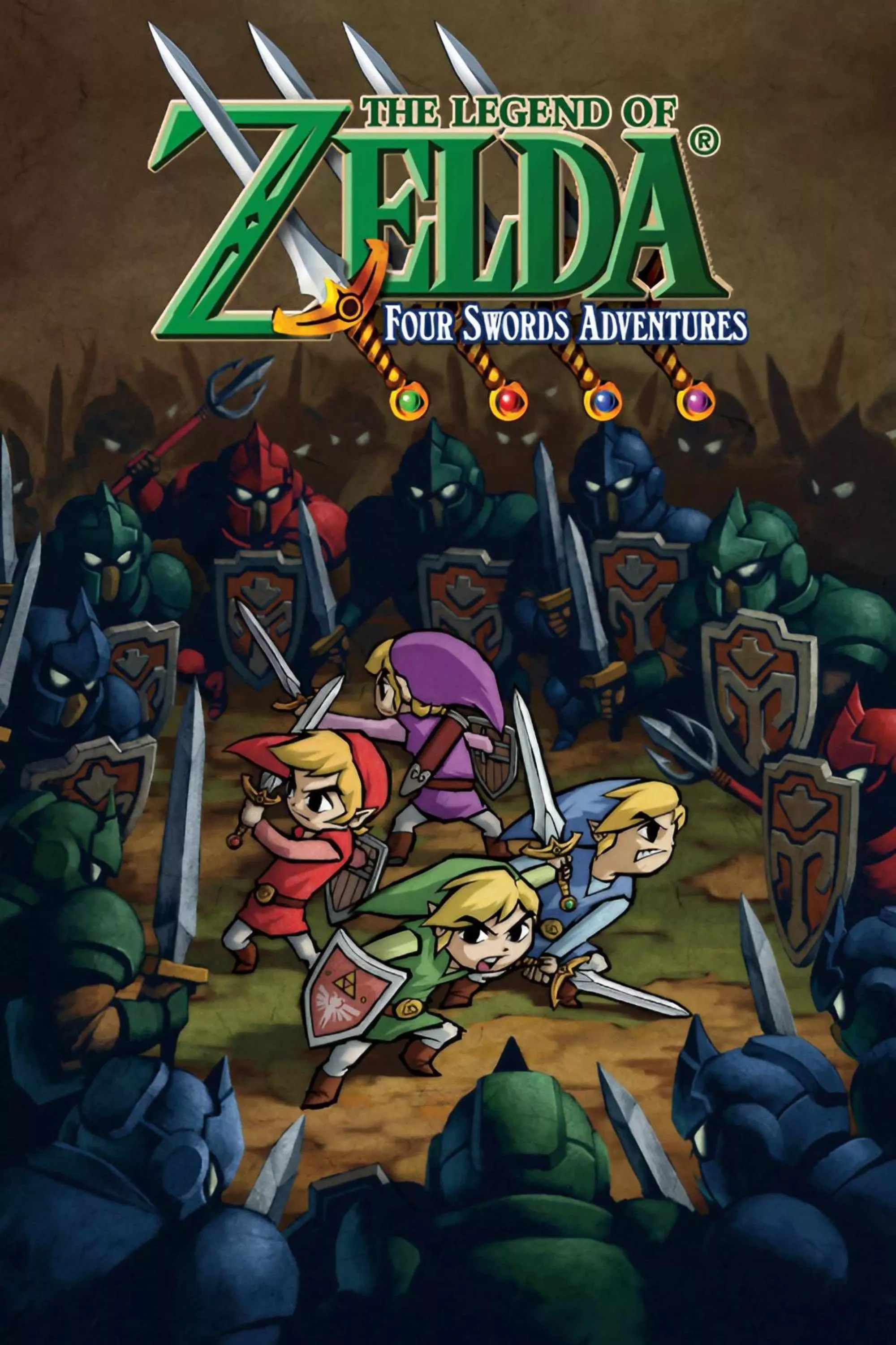 The cover art for The Legend of Zelda: Four Swords Adventures depicts Link and his clones with their weapons drawn while surrounded by enemies.