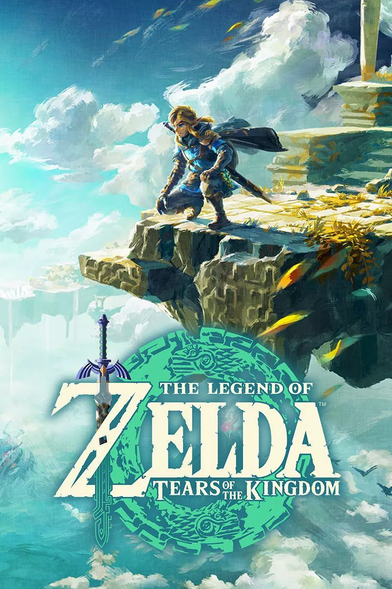 The box art for The Legend of Zelda: Tears of the Kingdom depicts Link crouched on the edge of a sky island.