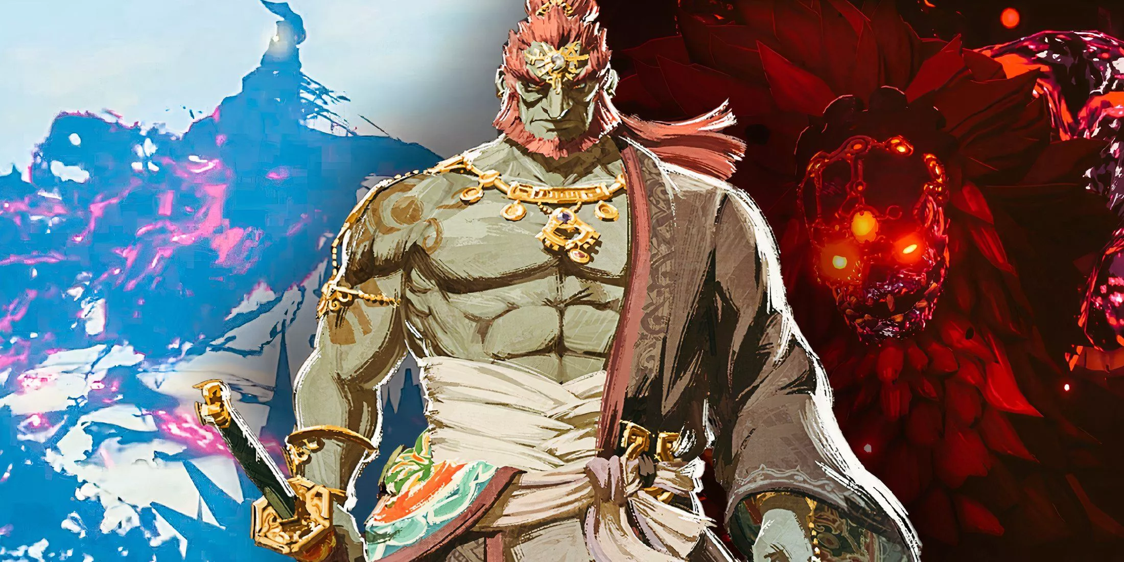 Ganondorf from Tears of the Kingdom with Calamity Ganon from Breath of the Wild