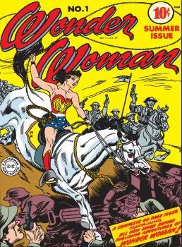 The DC Comics Wonder Woman comic header depicts Wonder Woman riding a horse while men with guns surround her.