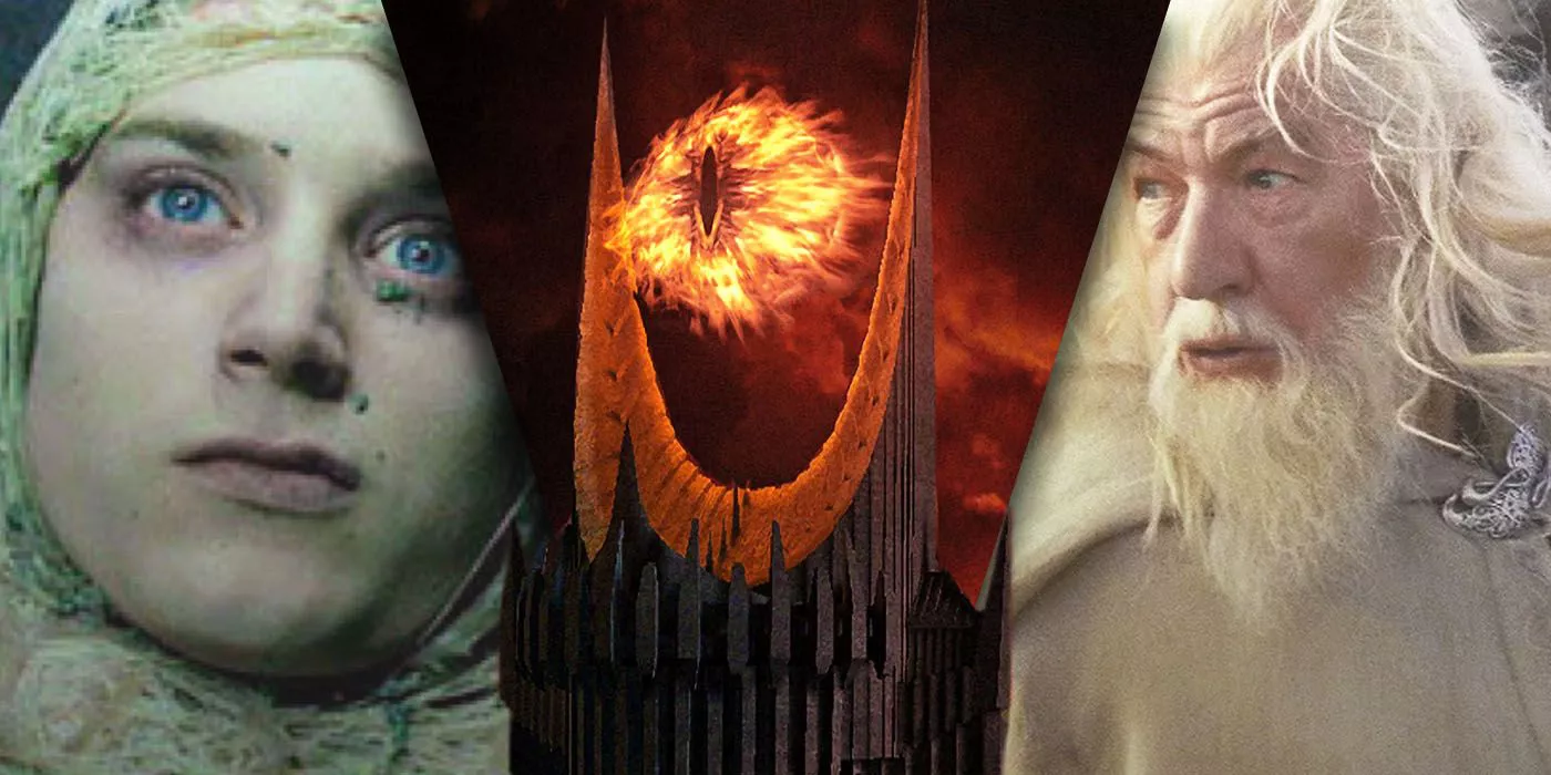 imagen dividida de sauron, frodo y gandalf