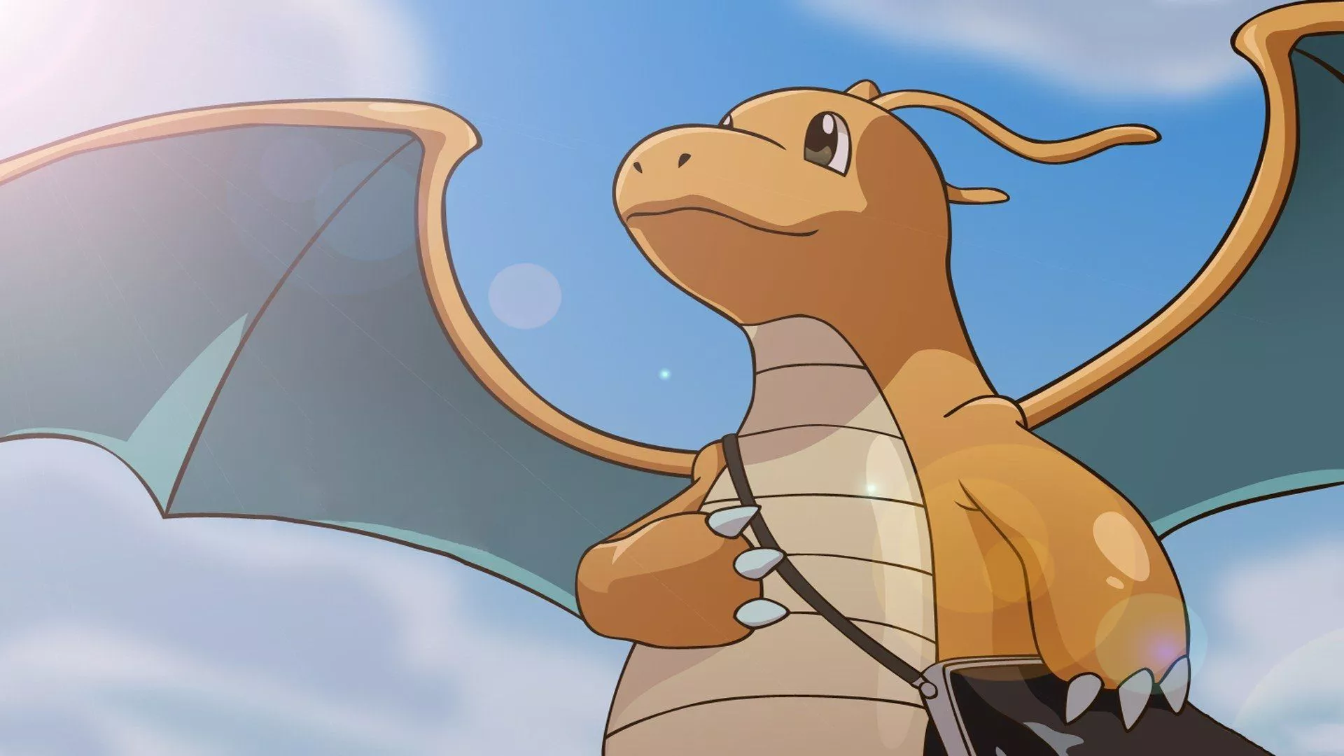 Dragonite sonriendo y sosteniendo una bolsa de mensajería en Pokémon.