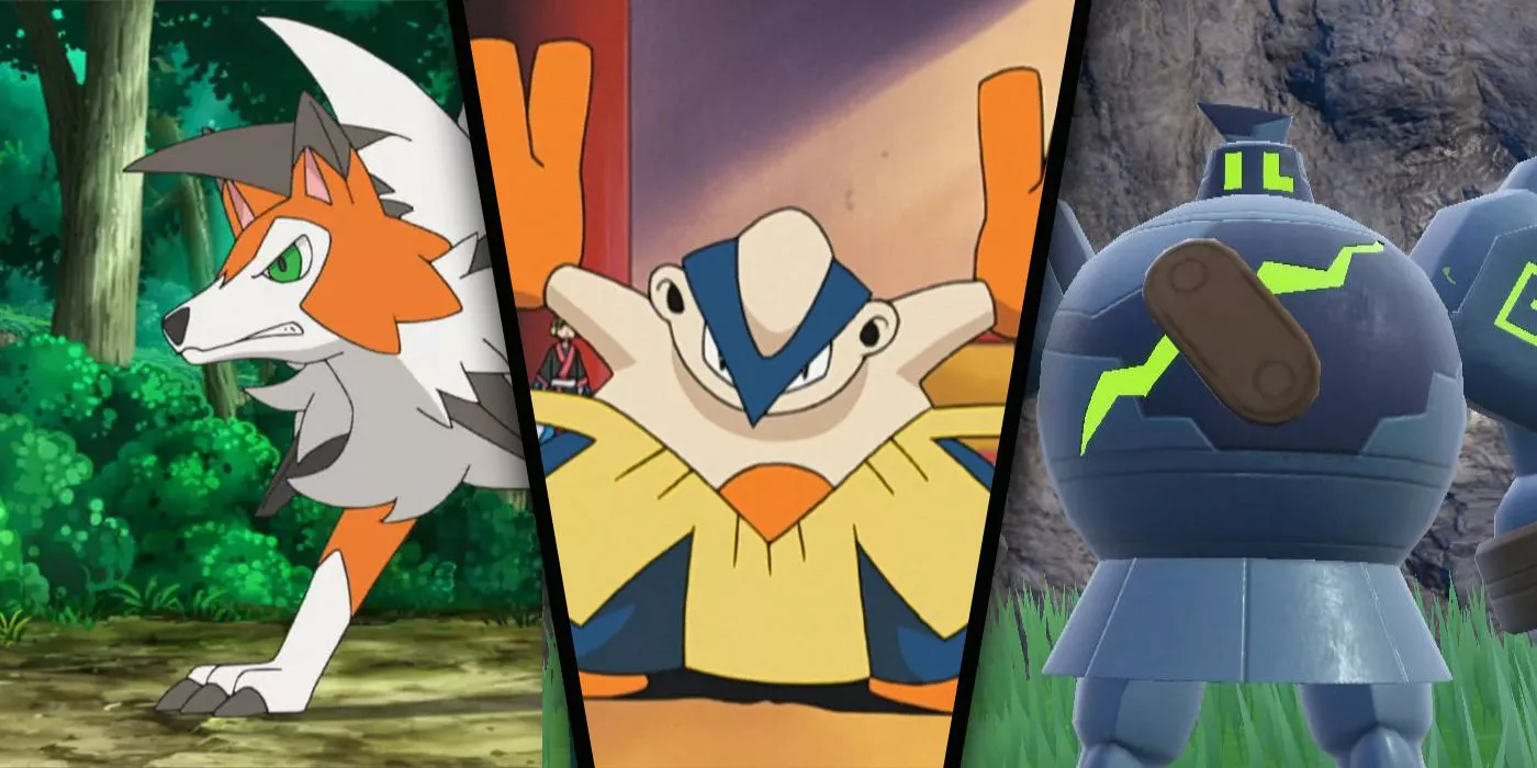 Golurk (derecha), Hariyama (centro) y Lycanroc (derecha)