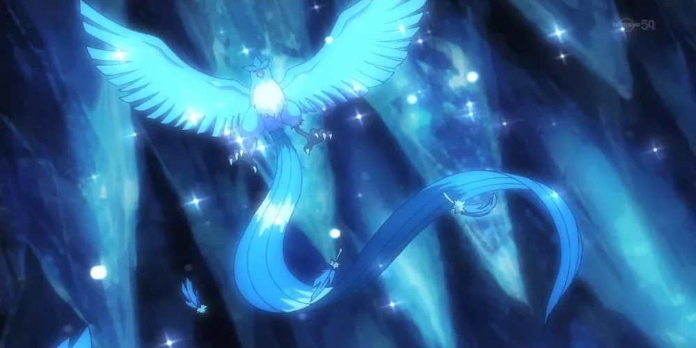 Articuno brilla en una cueva helada en el anime de Pokémon.