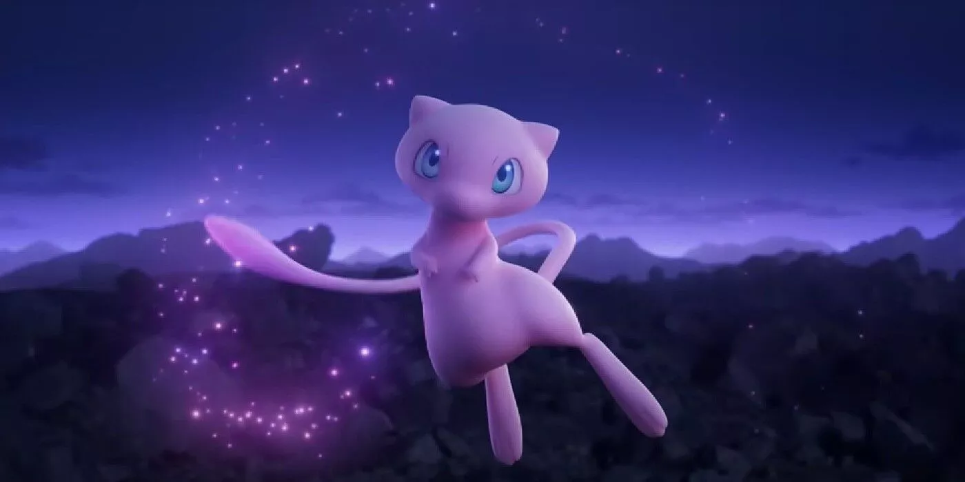 Mew vuela a través del cielo nocturno en Pokémon Scarlet y Violet.