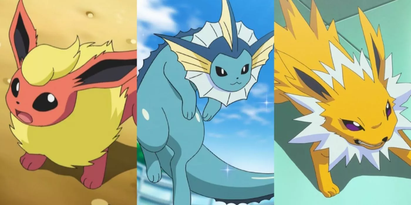 Imagen dividida de Flareon, Vaporeon y Jolteon del anime de Pokémon.