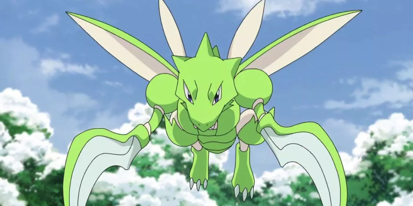 Un Scyther vuela sobre árboles cubiertos de nieve en el anime de Pokémon.