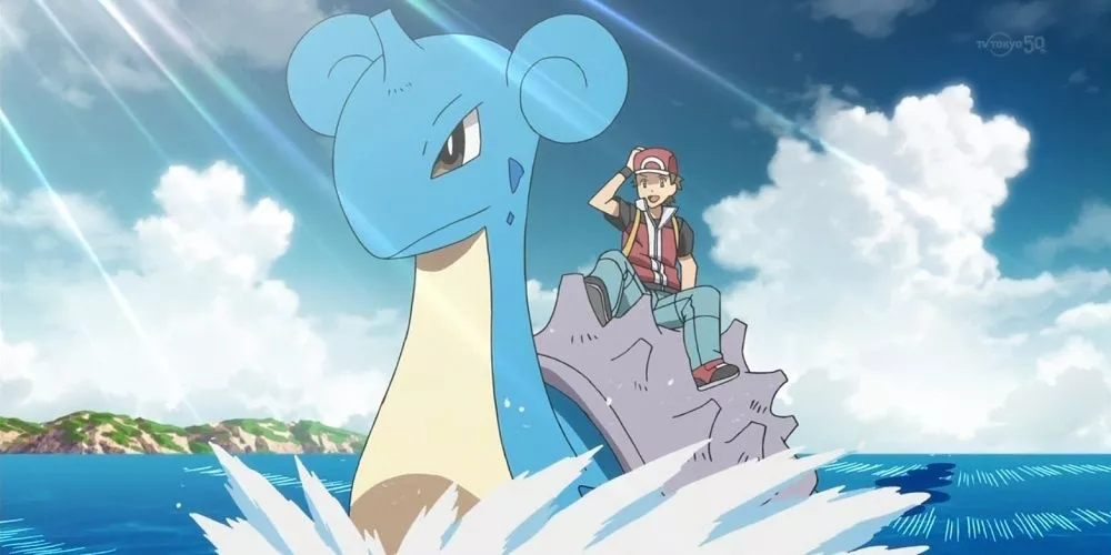 Lapras transportando a Red en el anime de Pokémon Origins.