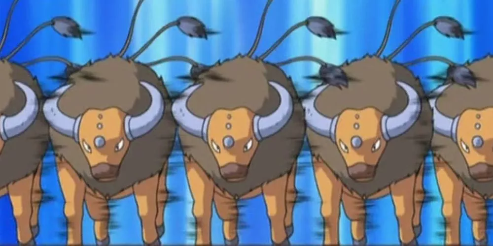 Múltiples Tauros de Ash estampida en un rebaño en el anime de Pokémon.