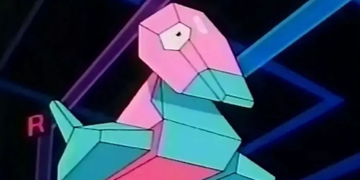 Porygon flotando en el cielo en el anime de Pokémon.