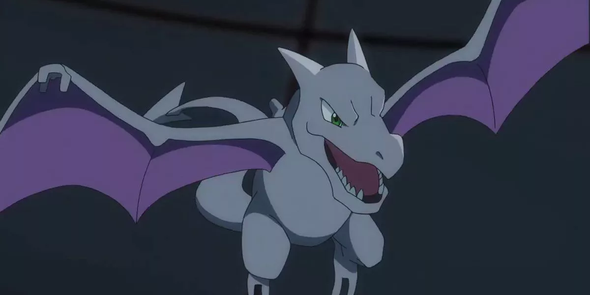 Aerodactyl tomando vuelo en el anime de Pokémon.