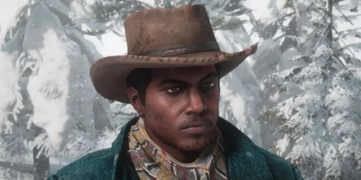 A closeup of Lenny Summers against a snowy background in RDR2