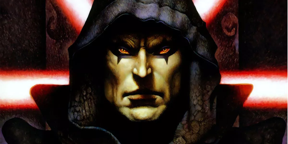 Darth Bane aparece frente a sables de luz rojos en Star Wars