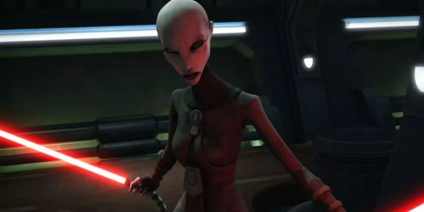 Asajj Ventress se encuentra en una postura lista para batalla en The Clone Wars.