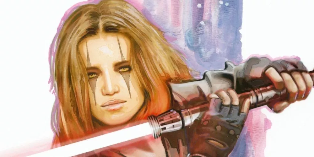 Darth Zannah de Star Wars sostiene su sable de luz rojo hacia su barbilla sobre un fondo blanco