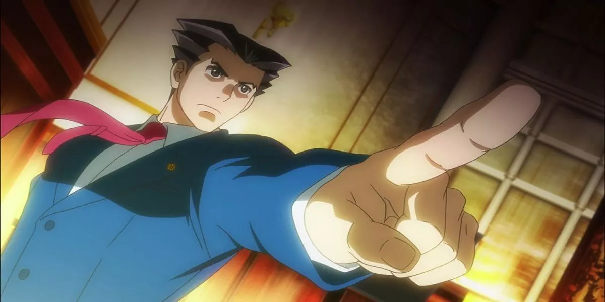 Phoenix Wright from Ace Attorney in his iconic Objection pose.