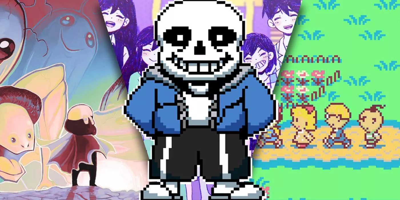 Una imagen dividida de Sans de Undertale con Omaru, Lisa: The Painful, y EarthBound de fondo