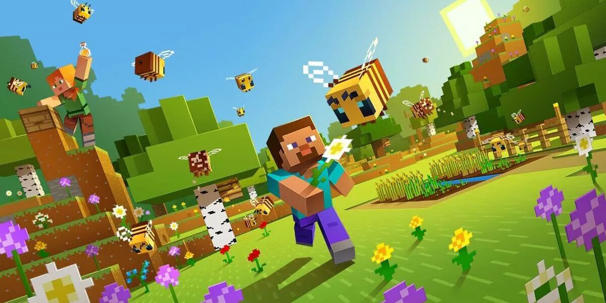 Steve camina por un campo con Alex escalando en el fondo mientras está rodeado de abejas en el arte clave de Minecraft