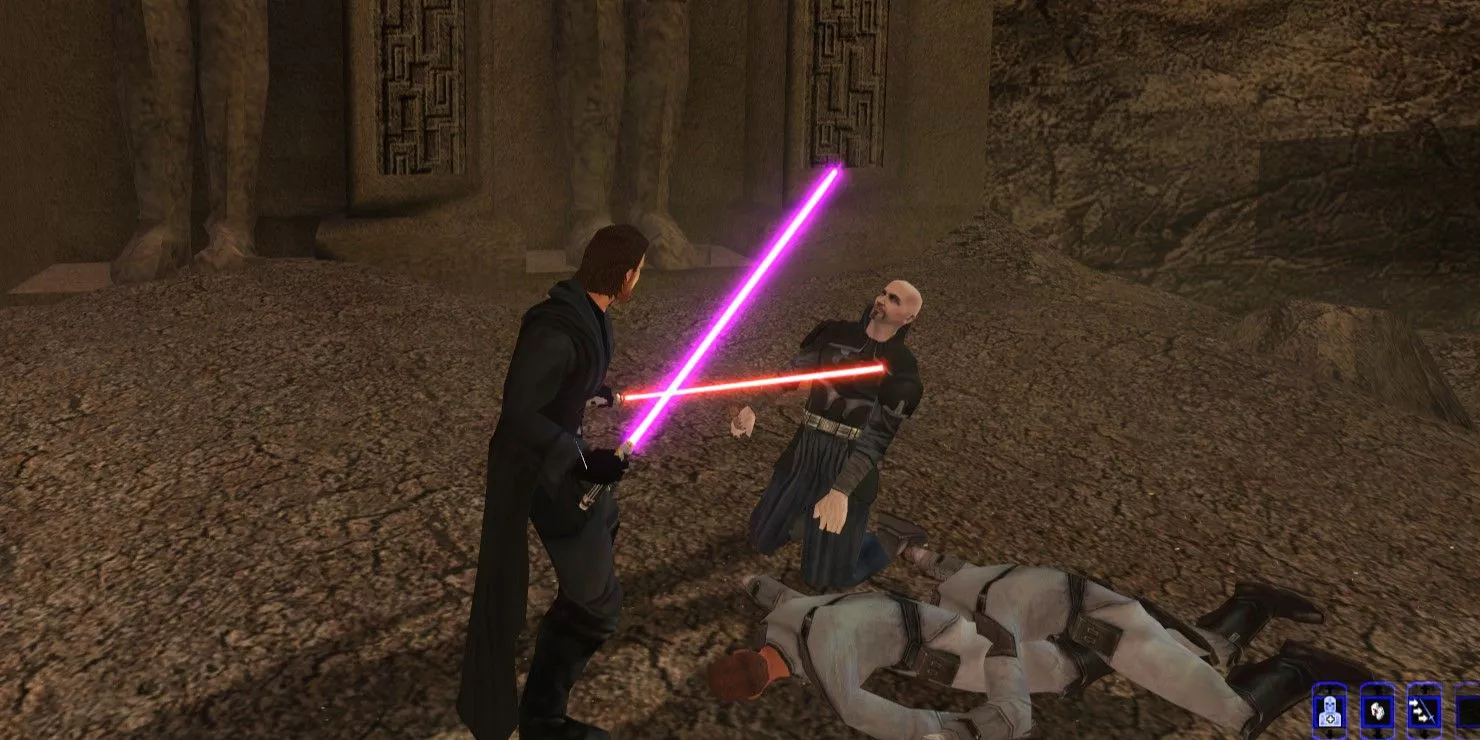 Revan tiene a un enemigo a su merced en Star Wars: Knights of the Old Republic para PC.