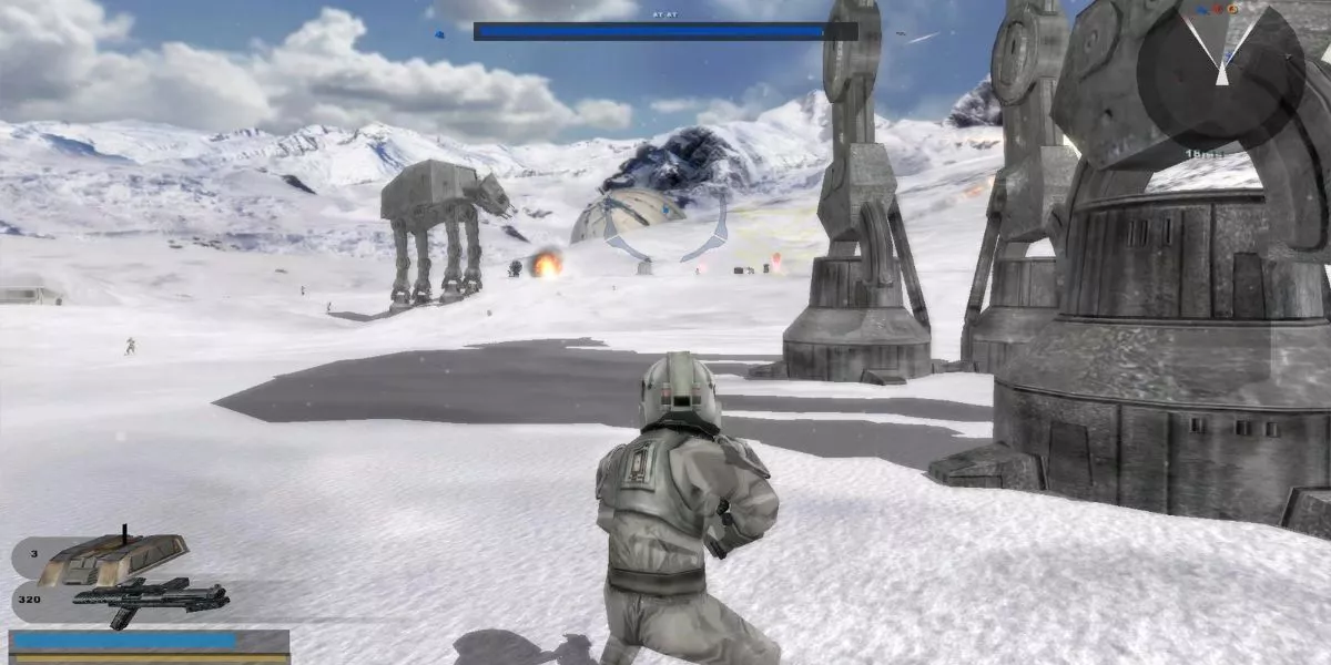 Un protagonista en la nieve acercándose a un AT-AT en Star Wars Battlefront 2